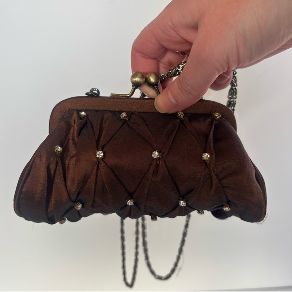 Small Brown Rhinestone Quilted Kiss lock Clutch - Picture 5 of 9